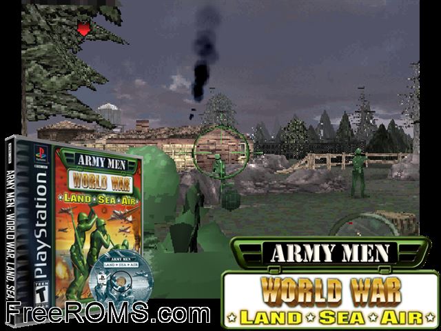 Army Men - World War - Land, Sea and Air PSX game showing 3D box cover and gameplay screenshot