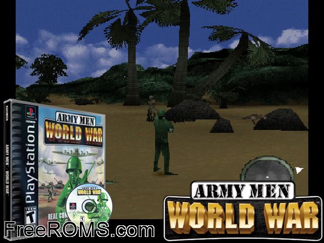 Army Men - World War PSX game showing 3D box cover and gameplay screenshot