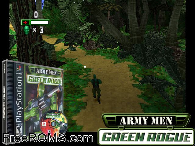 Army Men - Green Rouge PSX game showing 3D box cover and gameplay screenshot