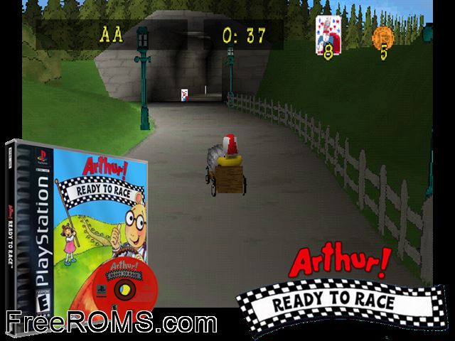 Arthur! Ready to Race PSX game showing 3D box cover and gameplay screenshot