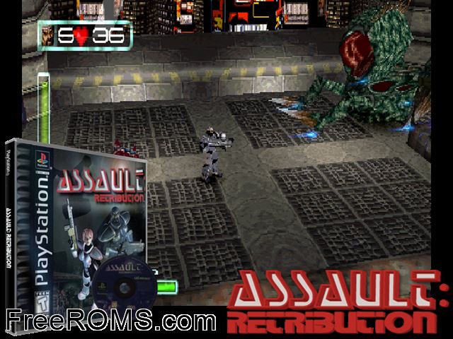 Assault Retribution PSX game showing 3D box cover and gameplay screenshot