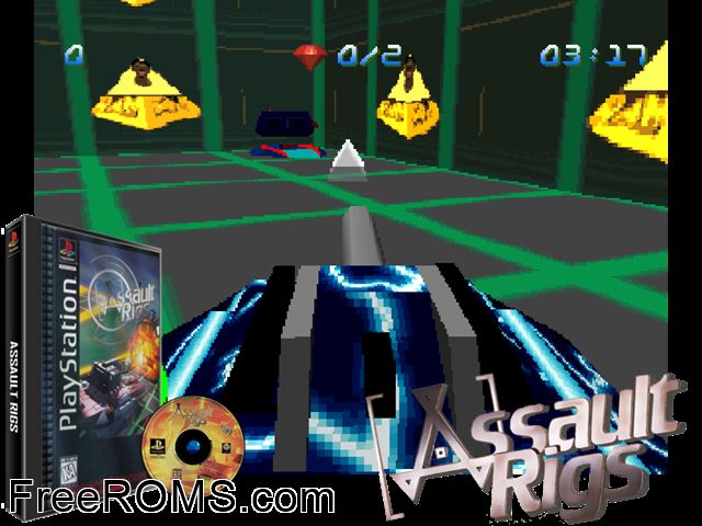Assault Rigs PSX game showing 3D box cover and gameplay screenshot