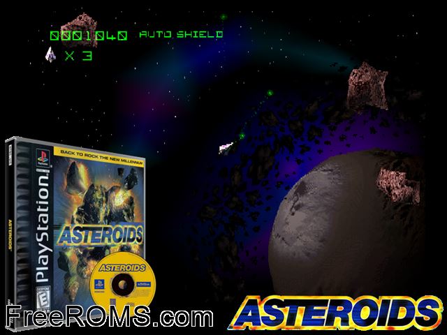 Asteroids 3D PSX game showing 3D box cover and gameplay screenshot