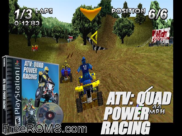 ATV - Quad Power Racing PSX game showing 3D box cover and gameplay screenshot