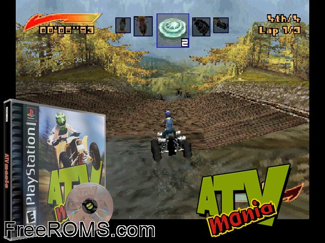 ATV Mania PSX game showing 3D box cover and gameplay screenshot