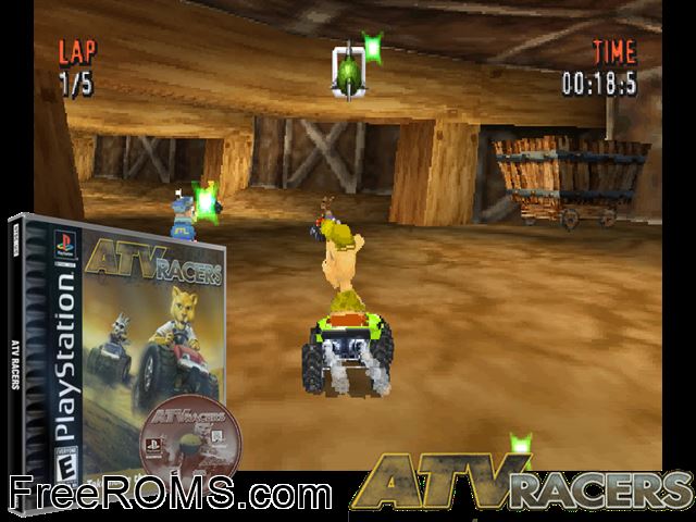 ATV Racers PSX game showing 3D box cover and gameplay screenshot