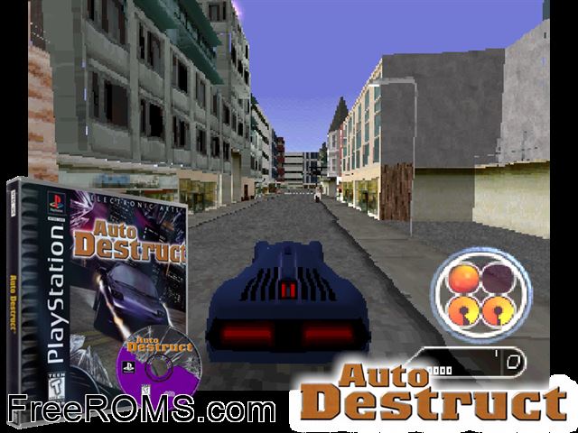 Auto Destruct PSX game showing 3D box cover and gameplay screenshot