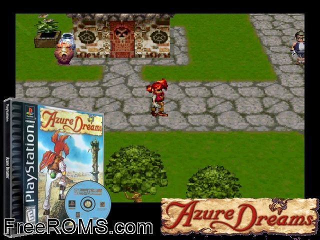 Azure Dreams PSX game showing 3D box cover and gameplay screenshot