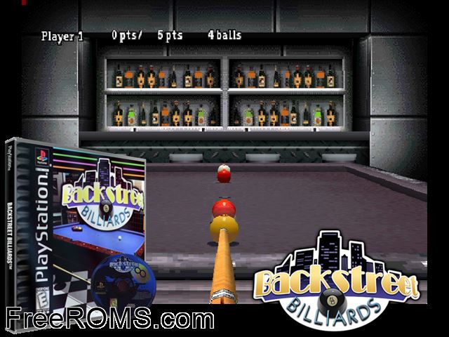 Backstreet Billiards PSX game showing 3D box cover and gameplay screenshot