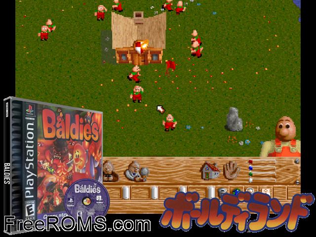 Baldies PSX game showing 3D box cover and gameplay screenshot
