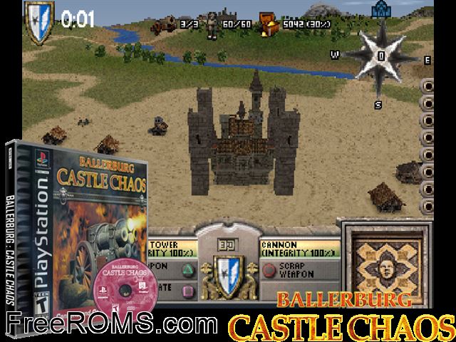 Ballerburg - Castle Chaos PSX game showing 3D box cover and gameplay screenshot