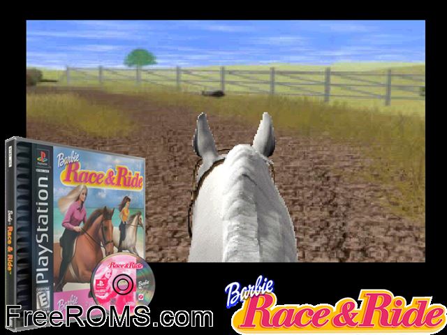 Barbie - Race and Ride PSX game showing 3D box cover and gameplay screenshot