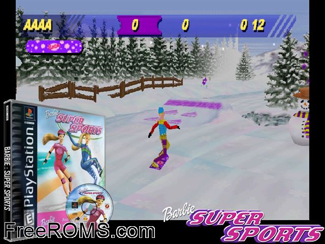 Barbie - Super Sports PSX game showing 3D box cover and gameplay screenshot