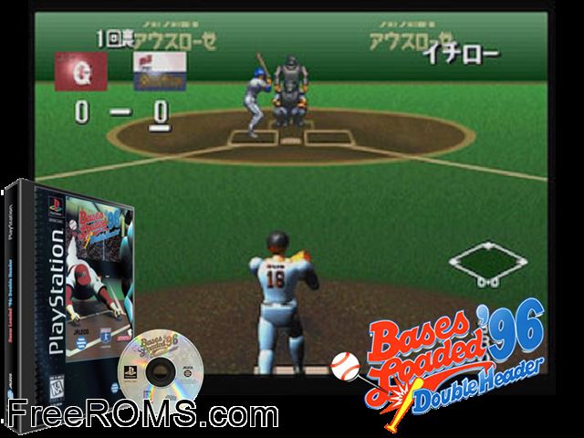 Bases Loaded '96 - Double Header PSX game showing 3D box cover and gameplay screenshot