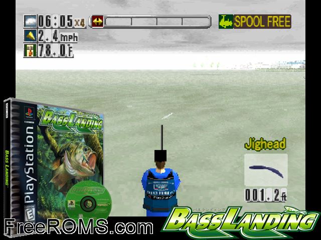 Bass Landing PSX game showing 3D box cover and gameplay screenshot