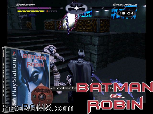Batman and R PSX game showing 3D box cover and gameplay screenshot