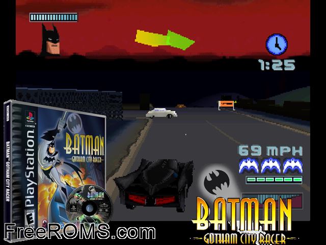 Batman - Gotham City Racer PSX game showing 3D box cover and gameplay screenshot