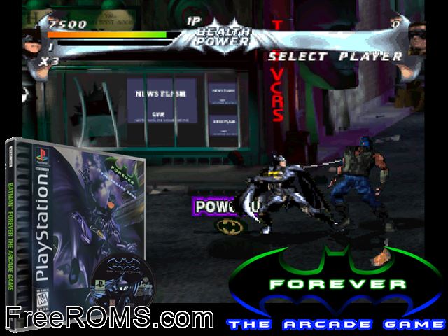 Batman Forever - The Arcade Game PSX game showing 3D box cover and gameplay screenshot