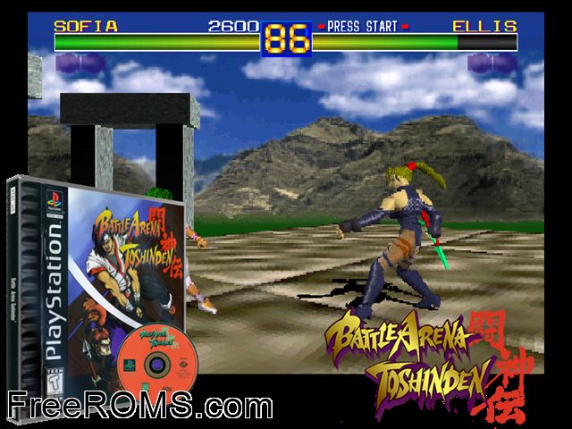 Battle Arena Toshinden PSX game showing 3D box cover and gameplay screenshot
