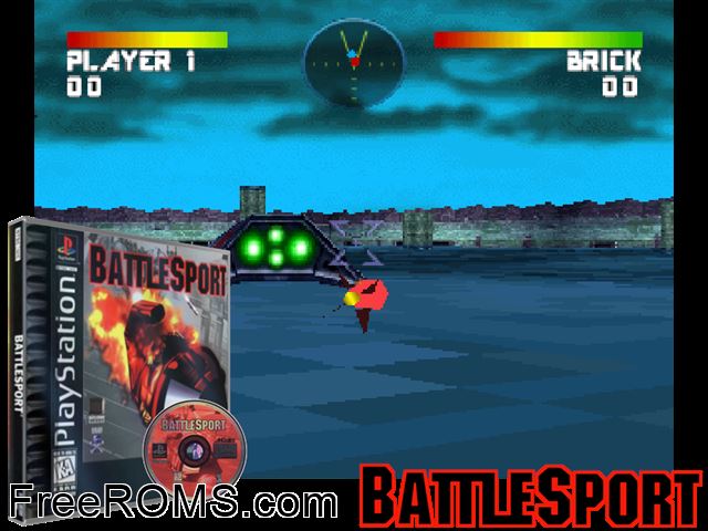 Battlesport PSX game showing 3D box cover and gameplay screenshot