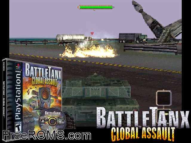 BattleTanx - Global Assault PSX game showing 3D box cover and gameplay screenshot