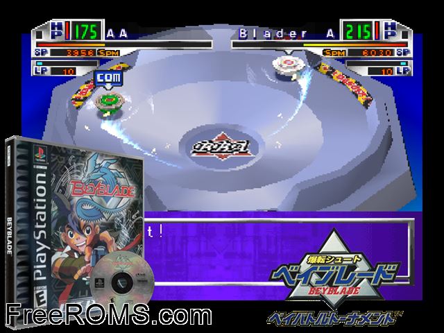 Beyblade PSX game showing 3D box cover and gameplay screenshot