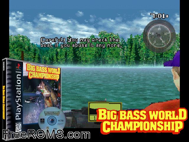 Big Bass World Championship PSX game showing 3D box cover and gameplay screenshot