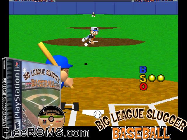Big League Slugger Baseball PSX game showing 3D box cover and gameplay screenshot