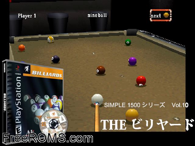 Billiards PSX game showing 3D box cover and gameplay screenshot