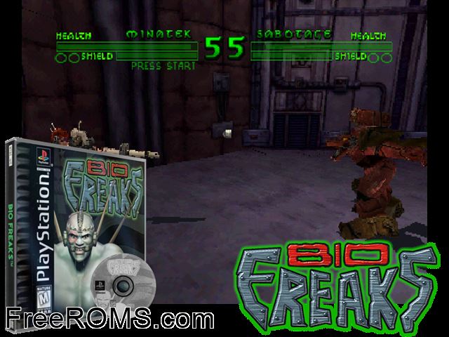 Bio F.R.E.A.K.S. PSX game showing 3D box cover and gameplay screenshot