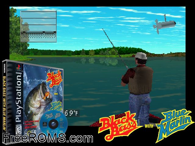 Black Bass with Blue Marlin PSX game showing 3D box cover and gameplay screenshot