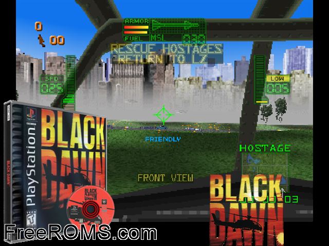 Black Dawn PSX game showing 3D box cover and gameplay screenshot