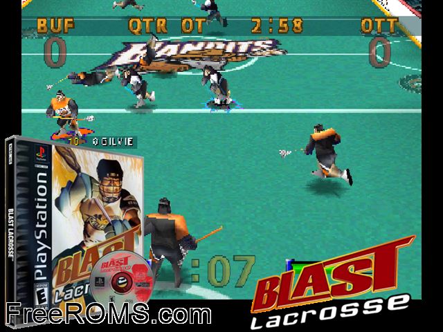 Blast Lacrosse PSX game showing 3D box cover and gameplay screenshot