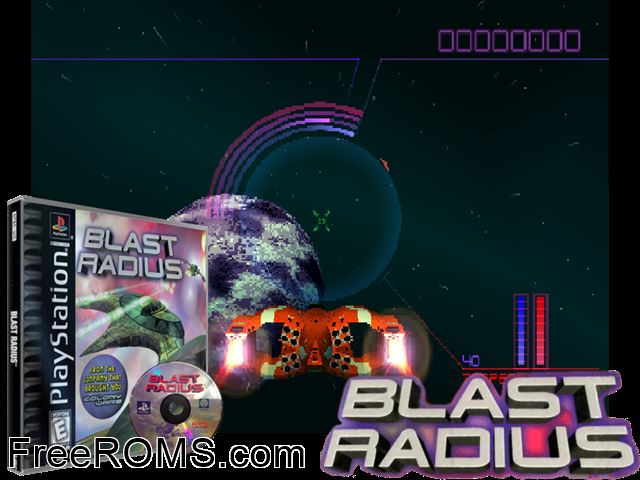 Blast Radius PSX game showing 3D box cover and gameplay screenshot