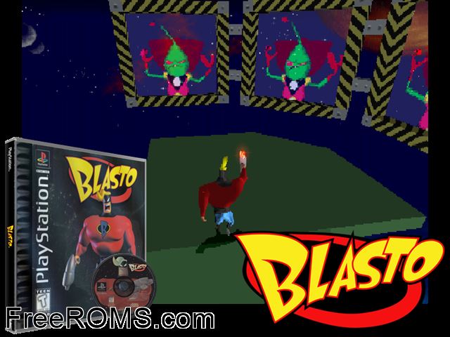 Blasto PSX game showing 3D box cover and gameplay screenshot