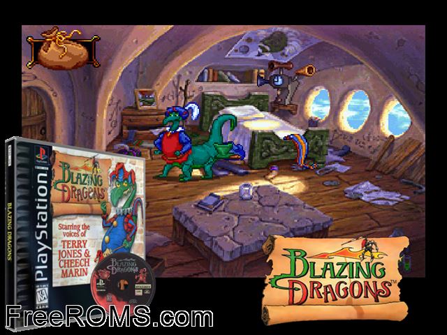 Blazing Dragons PSX game showing 3D box cover and gameplay screenshot