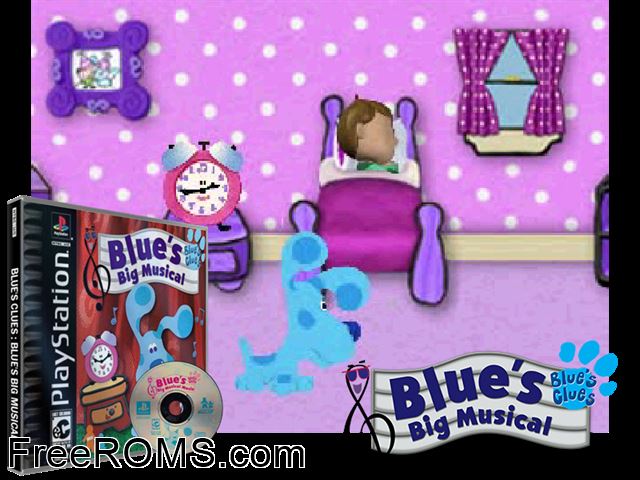 Blue's Clues - Blue's Big Musical PSX game showing 3D box cover and gameplay screenshot