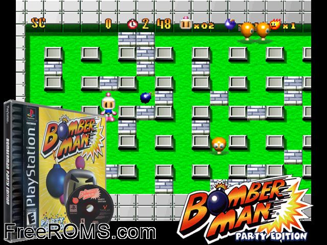 Bomberman - Party Edition PSX game showing 3D box cover and gameplay screenshot