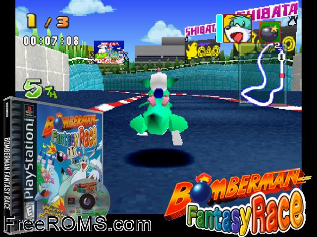 Bomberman Fantasy Race PSX game showing 3D box cover and gameplay screenshot