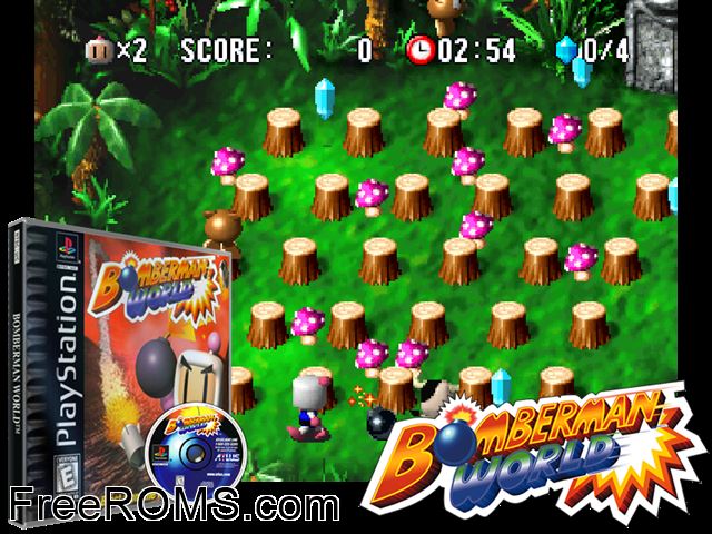 Bomberman World PSX game showing 3D box cover and gameplay screenshot