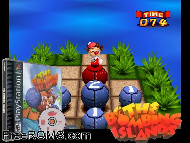 Bombing Islands, The PSX game showing 3D box cover and gameplay screenshot