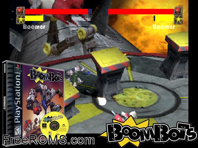 BoomBots PSX game showing 3D box cover and gameplay screenshot