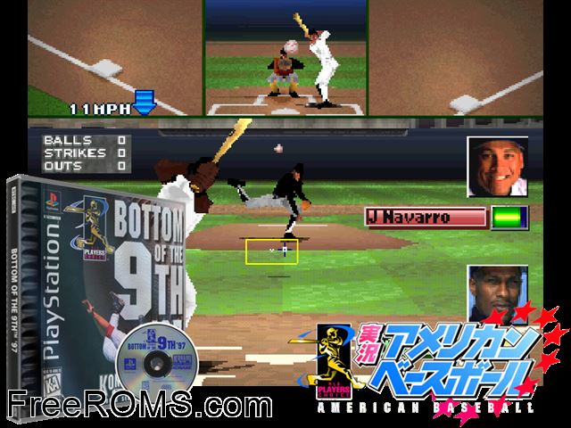 Bottom of the Ninth '97 PSX game showing 3D box cover and gameplay screenshot