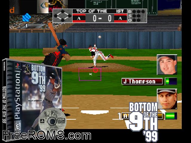 Bottom of the Ninth '99 PSX game showing 3D box cover and gameplay screenshot