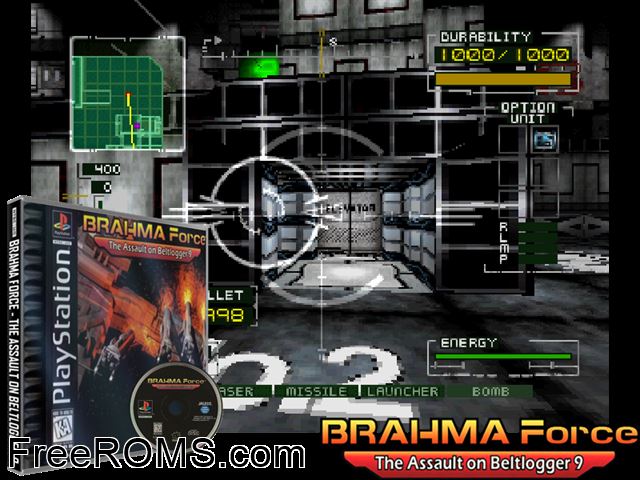 Brahma Force - The Assault On Beltlogger 9 PSX game showing 3D box cover and gameplay screenshot