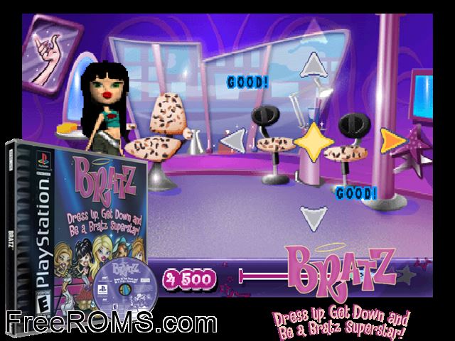 Bratz - Dress Up, Get Down And Be A Bratz Superstar! (En,Fr,Es) PSX game showing 3D box cover and gameplay screenshot