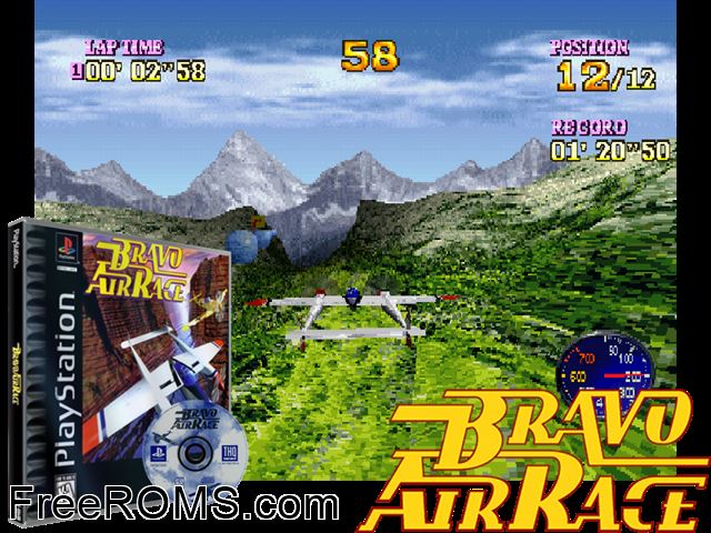 Bravo Air Race PSX game showing 3D box cover and gameplay screenshot
