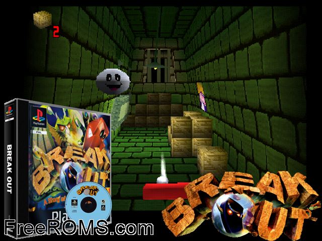 Breakout_(NTSC-U)_ PSX game showing 3D box cover and gameplay screenshot