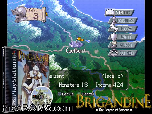 Brigandine - The Legend Of Forsena PSX game showing 3D box cover and gameplay screenshot
