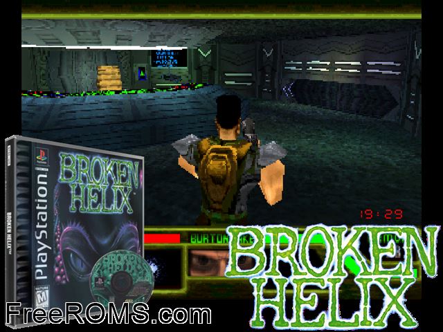 Broken Helix (v1.1) PSX game showing 3D box cover and gameplay screenshot